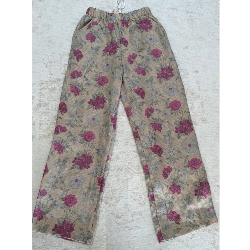 Urban Outfitters Floral Tapestry Wide Leg Pants XS Pink Tan Drawstring Trousers